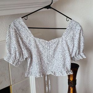 White Polka Dot Puff Sleeve Top Size L